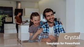  Presentation with family talking - Slide set featuring father-and-daughter-in-modern background and a gray colored foreground