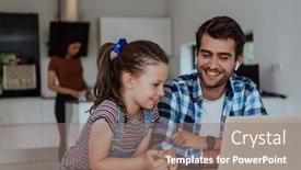  Presentation with family talking - Slide deck consisting of father-and-daughter-in-modern background and a coral colored foreground