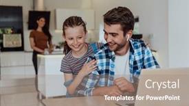  Presentation with family talking - PPT theme featuring father-and-daughter-in-modern background and a coral colored foreground