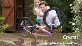  Presentation with bike - Presentation theme consisting of father and daughter mending bike background and a coral colored foreground