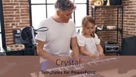  Presentation with piano keyboard - Presentation design having father-and-daughter-playing-piano background and a coral colored foreground