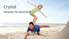  Presentation with summer sun - Presentation enhanced with father and daughter playing at the summer beach shoot against the sun background and a sky blue colored foreground