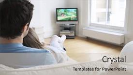  Presentation with television watching - Slide set consisting of father and daughter watching cartoon background and a soft green colored foreground