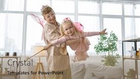  Presentation with costume - PPT theme with father-and-daughter-wearing-fairies background and a coral colored foreground