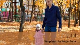  Presentation with city people walking - PPT theme having father-and-daughter background and a gold colored foreground