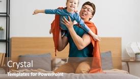  Presentation with child superhero - Presentation design with father-and-his-child-playing background and a coral colored foreground