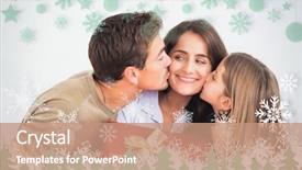  Presentation with snowflakes - PPT layouts consisting of father and his daughter offering a red gift against snowflakes and fir trees in green background and a coral colored foreground