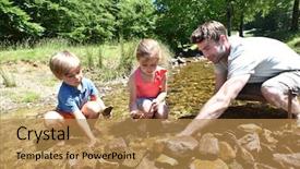  Presentation with dam - Slides having father and kids in river building a dam with pebbles background and a coral colored foreground