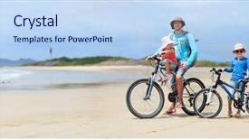  Presentation with father - Slide set having father and kids riding bikes background and a light blue colored foreground