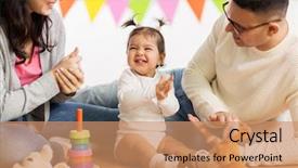 Presentation with father birthday - Beautiful PPT theme featuring father and little daughter clapping backdrop and a coral colored foreground