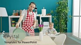  Presentation with child care - PPT theme having father-and-son-cleaning-plates background and a soft green colored foreground
