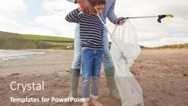  Presentation with beach litter - Beautiful slides featuring father-and-son-collecting-litter backdrop and a coral colored foreground