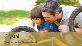  Presentation with father and son - Amazing PPT layouts having father and son fixing bike backdrop and a yellow colored foreground