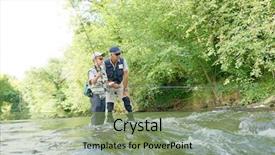  Presentation with fly - Colorful presentation theme enhanced with father and son fly-fishing backdrop and a seafoam green colored foreground