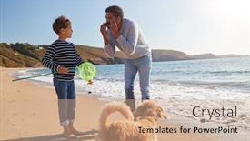  Presentation with fishing net - Slides having father-and-son-having-fun background and a coral colored foreground