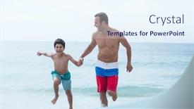  Presentation with father son hands - PPT theme featuring father and son holding hands while running on sea shore at beach background and a sky blue colored foreground