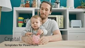  Presentation with bank - PPT theme consisting of father-and-son-inserting-coin background and a coral colored foreground