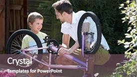  Presentation with bike - Colorful presentation design enhanced with father and son mending bike backdrop and a violet colored foreground