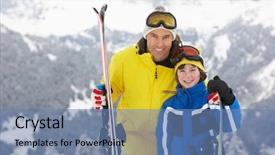  Presentation with ski - Presentation theme having father and son on ski holiday in mountains background and a teal colored foreground
