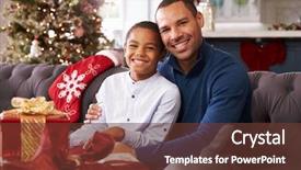  Presentation with christmas presents - PPT theme with father and son opening christmas background and a tawny brown colored foreground