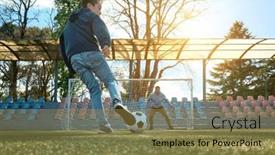  Presentation with dynamic - Presentation design having father-and-son-play-football background and a gold colored foreground