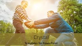  Presentation with public - PPT theme consisting of father-and-son-playing-football background and a gold colored foreground