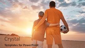  Presentation with dynamic - PPT theme consisting of father-and-son-playing-football background and a coral colored foreground