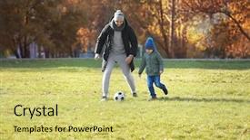  Presentation with football field or soccer field - Cool new slides with father and son playing football backdrop and a yellow colored foreground