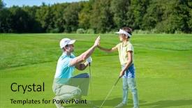  Presentation with golf - PPT theme having father and son playing golf background and a seafoam green colored foreground