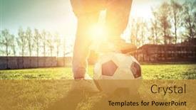  Presentation with green city - PPT theme having father and son playing together with ball in football under sun light green field in city park at sunny day background and a gold colored foreground