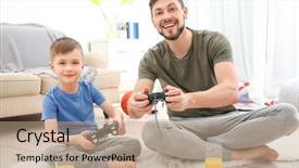  Presentation with catholic father son hoyly spirit - Presentation design enhanced with father and son playing videogame background and a coral colored foreground
