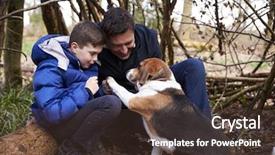  Presentation with dog shelter - PPT theme enhanced with father and son playing with dog under a shelter of branches background and a tawny brown colored foreground