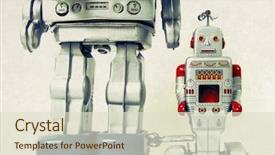  Presentation with robot - Slide deck with vintage retro futuristic - father and son robot toys background and a soft green colored foreground