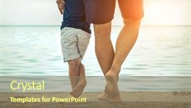 Presentation with summer time - Slide set enhanced with father and son stay on the sea beach under sunlight at summer time close-up foots view on the sealine background at sunny day background and a coral colored foreground
