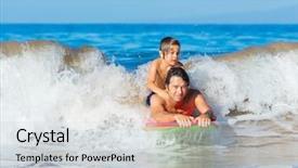  Presentation with ocean wave - Beautiful theme featuring father and son surfing tandem together catching ocean wave carefree happy fun smiling lifestyle backdrop and a light gray colored foreground