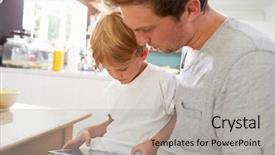  Presentation with catholic father son hoyly spirit - Beautiful slide set featuring father and son using digital tablet at breakfast table backdrop and a light gray colored foreground