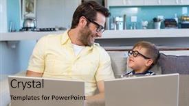  Presentation with living room - PPT theme with father and son using laptops background and a soft green colored foreground