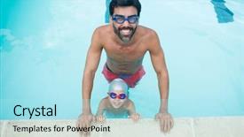  Presentation with wearing swimming goggles and cap - Audience pleasing PPT theme consisting of father and son wearing swimming backdrop and a arctic colored foreground