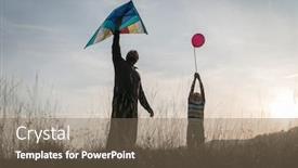  Presentation with kite - Presentation theme consisting of father and son with kite on sunset meadow silhouette background and a violet colored foreground