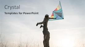  Presentation with kite - Slide deck with father and son with kite on sunset meadow silhouette background and a light gray colored foreground