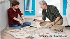  Presentation with work - PPT layouts with father-and-son-work-together background and a soft green colored foreground