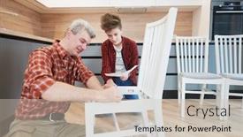  Presentation with work - Audience pleasing PPT layouts consisting of father-and-son-work-together backdrop and a soft green colored foreground