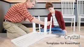  Presentation with kitchen furniture - PPT theme having father-and-son-work-together background and a lemonade colored foreground