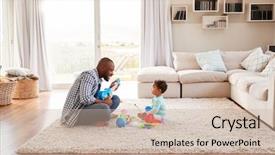 Presentation with black father - PPT theme with black father and toddler son playing in sitting room background and a soft green colored foreground