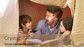  Presentation with children reading - Beautiful slide set featuring father and two children reading a flashlight while reading a book under a blanket backdrop and a coral colored foreground