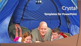 Presentation with young children - Audience pleasing PPT theme consisting of father and young children in camping in dome tent backdrop and a ocean colored foreground