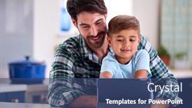  Presentation with using digital tablet - Slide deck consisting of father-at-home-in-kitchen background and a ocean colored foreground