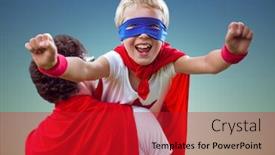  Presentation with super hero - Audience pleasing presentation theme consisting of father carrying a son in super hero costume against blue background backdrop and a crimson colored foreground