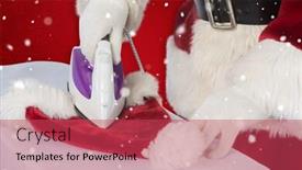  Presentation with ironing - Theme with father christmas is ironing his hat against red snowflake background background and a red colored foreground