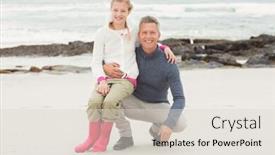  Presentation with knee - Cool new slide deck with father crouching with daughter sitting on his knee at the beach backdrop and a lemonade colored foreground